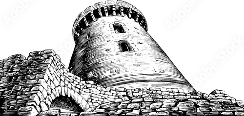 Medieval stone tower engraving – decorative hand drawn illustration