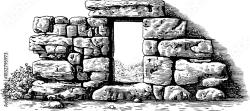 Medieval stone window engraving: vintage hand drawn decorative illustration for historical design