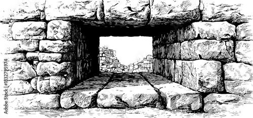 Medieval stone tower window engraving - historical architecture design for posters and cards