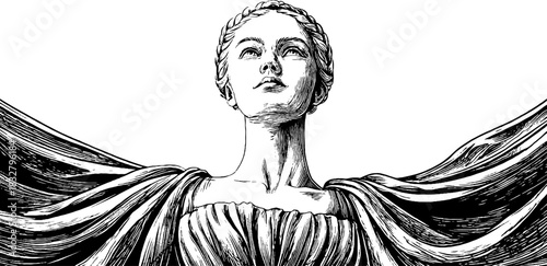 Engraved illustration of noble female statue with decorative elements for art and design