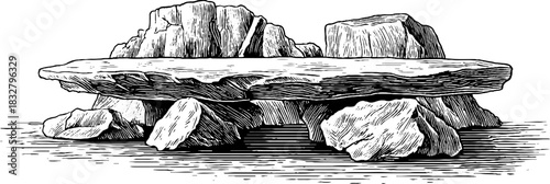 Primitive stone altar sketch engraving for historical design and decor