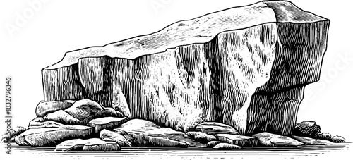 Primitive stone altar engraving - decorative illustration for retro design projects