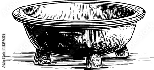 Primitive stone basin engraving - decorative vintage design for art projects