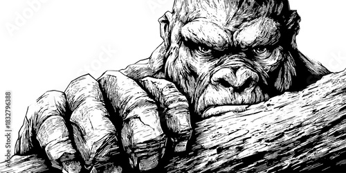 Protective mountain spirit in vintage hand drawn engraving style