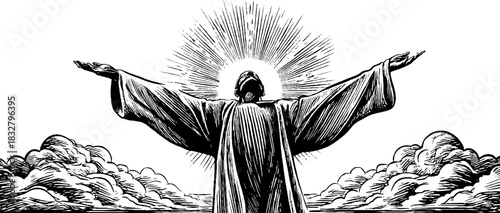 Ancient sky deity with radiant aura and outstretched arms in decorative vintage engraving