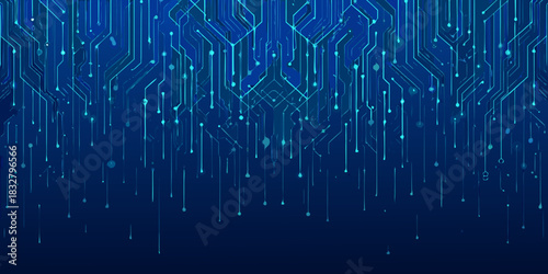 Blue circuit board technology background with glowing lines and connections