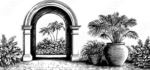 Engraved decorative renaissance courtyard illustration with archway and potted plants