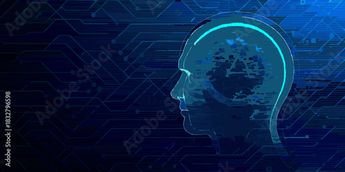 Artificial intelligence concept with human head and circuit board background