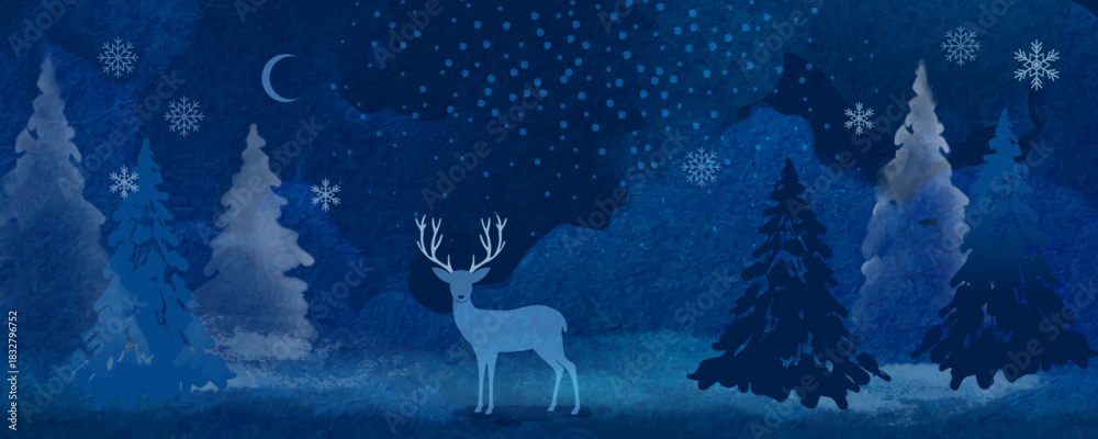 Naklejka premium Dark blue watercolor sketch of winter night on textured paper. Elegant Christmas watercolor drawing with Christmas deer, Christmas tree, snow-covered winter forest. Winter Wonderland