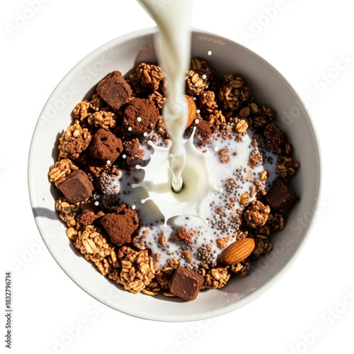 Pouring milk into a bowl of chocolate granola and nuts
