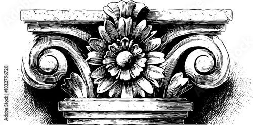 Ornate renaissance facade decoration: engraved floral column capital illustration