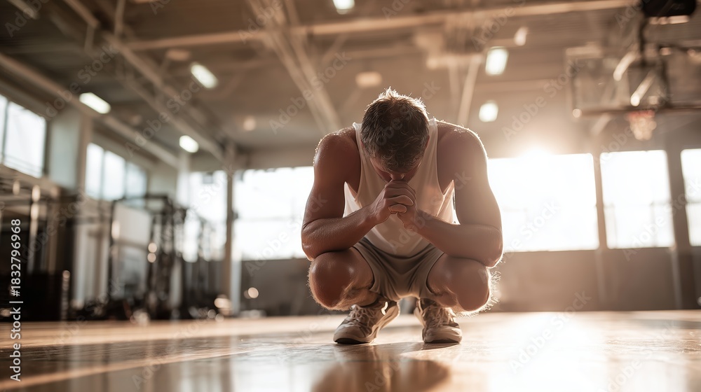 Naklejka premium Man resting on gym floor after workout at sunset in spacious training area