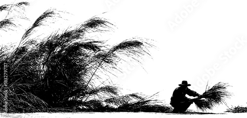 Engraved decorative illustration of a riverbank forager in natural landscape