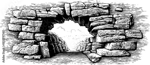 Engraved art of rough stone doorway leading to scenic landscape