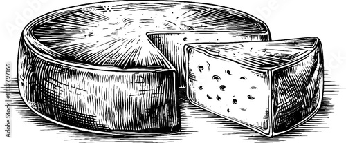 Vintage engraved illustration of a round cheese wheel for posters and labels