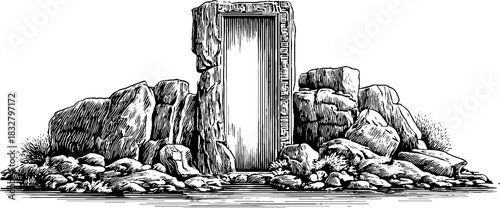 Rugged stone portal entrance engraved decorative illustration for vintage design