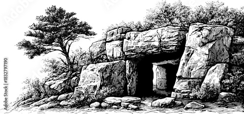 Rugged cliff alcove decorative engraving illustration for design and decor