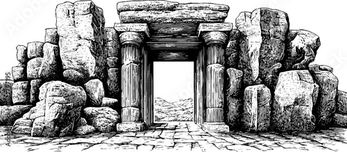 Vintage engraved illustration of a rugged stone portal for historical design and decor