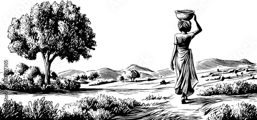 Rural life depiction with young woman carrying basket in scenic landscape