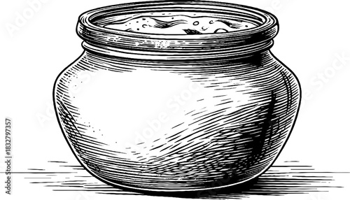 Rustic clay jar with intricate engraving design for decorative display