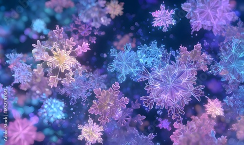 A 3D neon snowflake pattern composed of various sizes and shapes, glowing in soft luminous colors