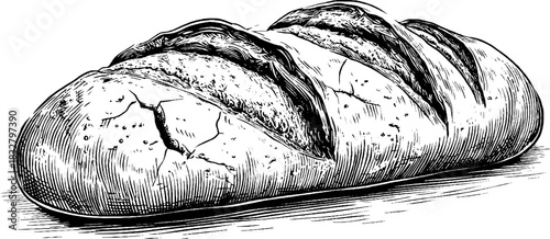 Rustic loaf of bread engraving - decorative hand drawn vintage food illustration for culinary design