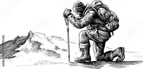 Vintage engraving of a solitary mountaineer in winter landscape for adventure design