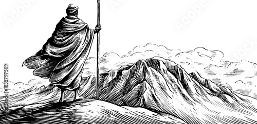 Engraved decorative illustration of solitary mountain pilgrimage with scenic view