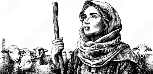 Vintage engraving of shepherdess holding staff surrounded by sheep