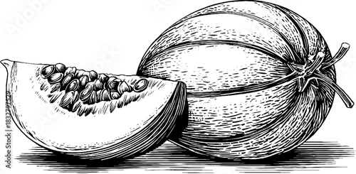 Vintage decorative engraving of sliced melon with seeds for retro design and label