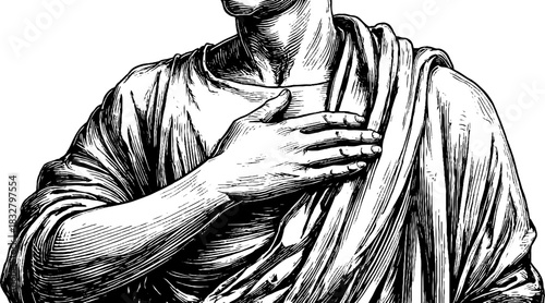 Elegant decorative engraving of a standing male statue for vintage art design