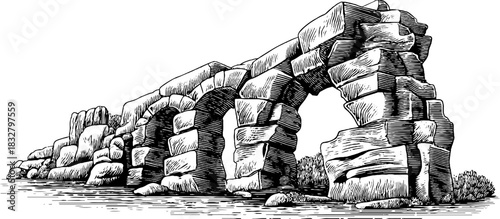 Vintage hand-drawn engraving of stone aqueduct arch for decorative design