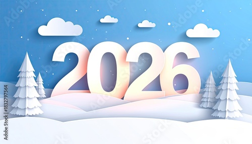 New year 2026 winter scene with trees and snowdrift