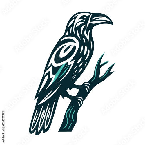 Raven Graphic Icon Teal and Black Illustration