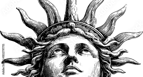 Engraved decorative illustration of a symbolic sun deity for artistic design