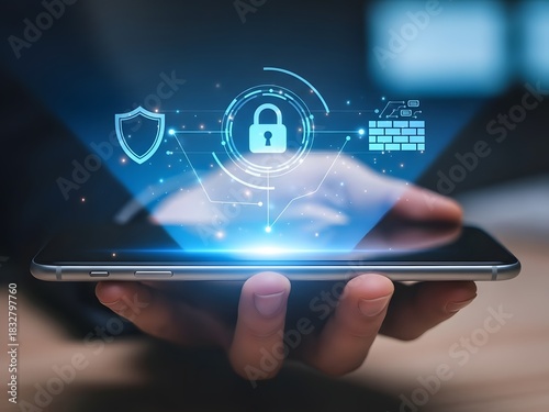 Smartphone security concept with digital shield and padlock icons