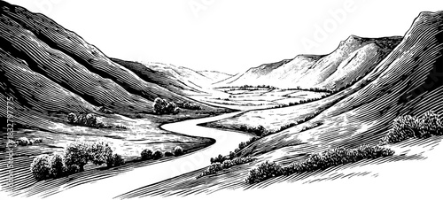 Hand drawn engraving of a scenic valley landscape with flowing river