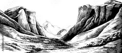 Enchanting valley landscape engraving with spiritual glow