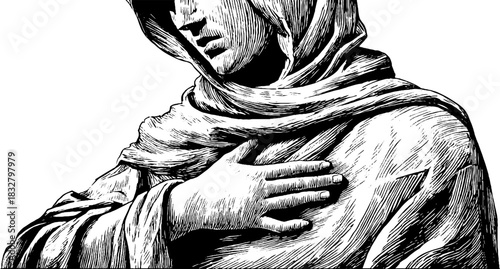 Engraved decorative allegorical figure with cloak and hand gesture - vintage silhouette design