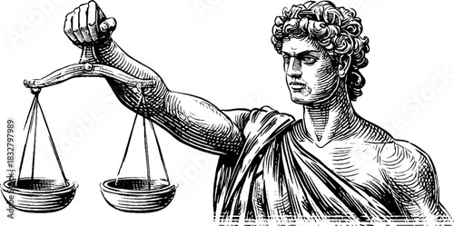Engraved decorative illustration of an allegorical figure symbolizing justice and balance