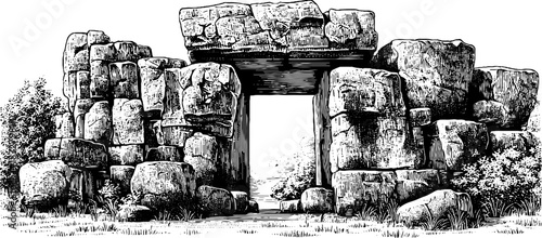 Ancient fortress gate engraving - decorative illustration for historical design