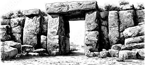 Intricate engraving of an ancient fortress gate with decorative elements