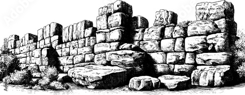 Engraved decorative illustration of an ancient fortress wall for historical design and decoration