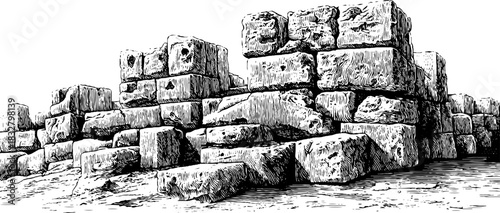 Ancient fortress wall engraving design for historical decor and art projects