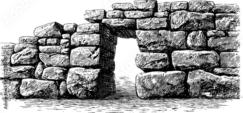 Decorative engraving of an ancient fortress gate for historical design and architecture themes