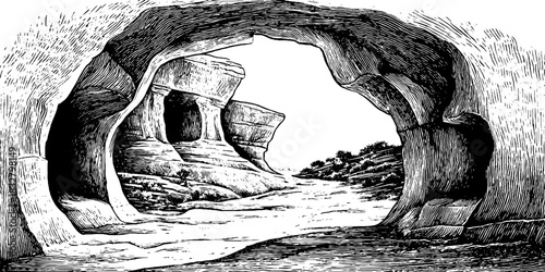 Ancient mountain pass illustration with engraved decorative elements for retro design