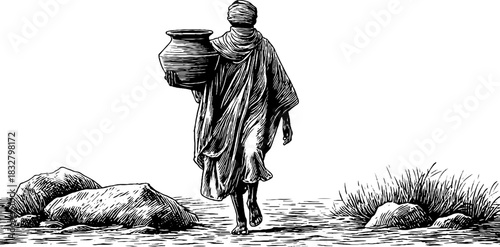 Ancient potter carrying pot engraving – decorative hand drawn illustration for historical design