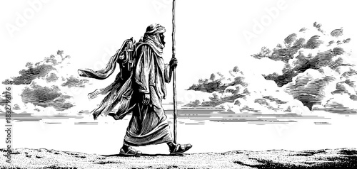 Ancient nomad walking - decorative engraved illustration for historical design