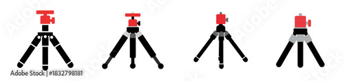 Four small tripods with red heads are arranged in a row on a white background.