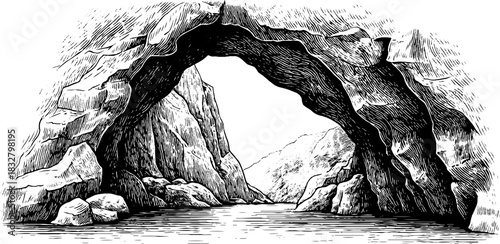 Engraved decorative illustration of an ancient mountain pass with detailed rocky landscape